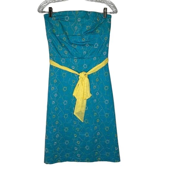 Ruth Women's Strapless Floral Embroidered Dress Size 2 Blue Yellow Bow Accent - Picture 1 of 11